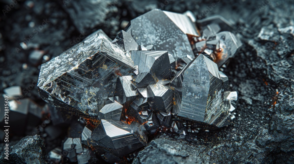Poster Crystals with sharp edges and metallic luster cluster together on a textured dark mineral surface. The play of light accentuates their geometric shapes and reflections.