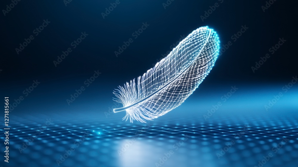 Poster glowing abstract feather on dark background with decorative pattern.