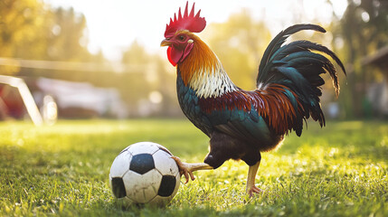 A rooster standing on a green field, posing with one foot on a soccer ball.
