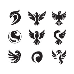 abstract bird logos, Minimalist bird icons, black silhouettes 