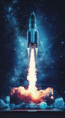 Rocket lifting off from laptop screen into deep space, symbolizing technological advancement and online opportunities
