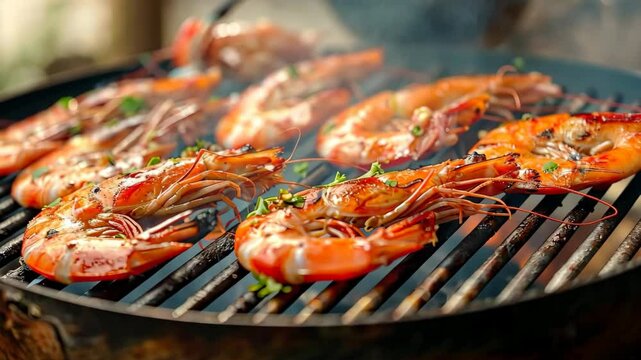 Jumbo Shrimp Scampi Sauteed in Butter and Olive Oil. Healthy food cooking. Delicious hot prawns Shrimps roasted on grill with steamed smoke. Grilling seafood. BBQ Shrimp with herbs, garlic and lemon.