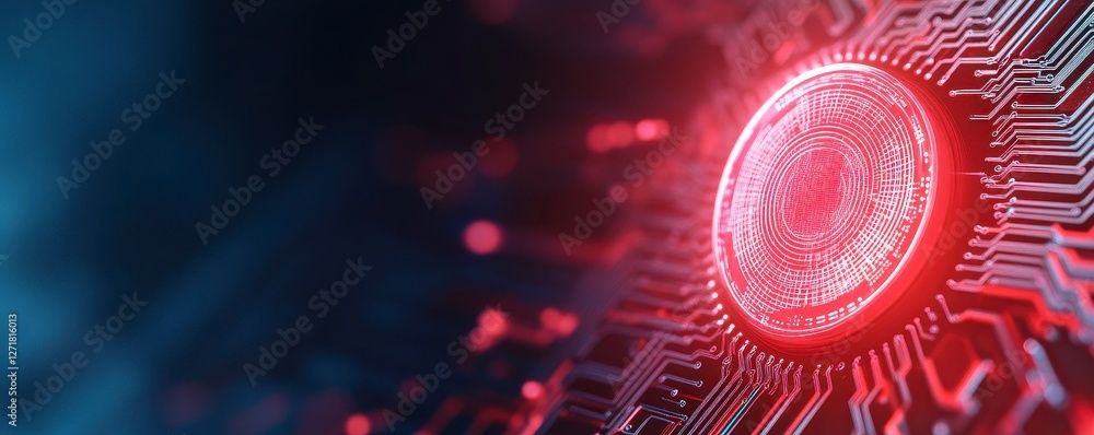 Poster glowing red security lock symbol on digital circuit board dark background