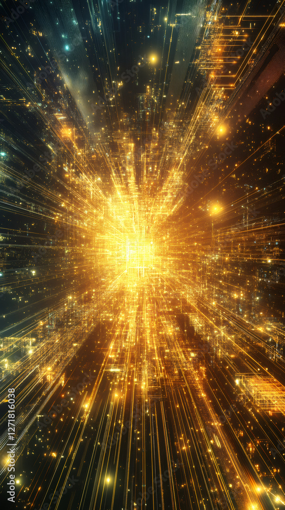 Aufkleber Glowing digital network bursting with data flow, representing advanced technological connectivity and global communication infrastructure