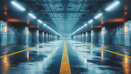 The basement room on the bottom floor of the building's parking lot is empty in an industrial cast concrete style. Abstract modern minimal background.