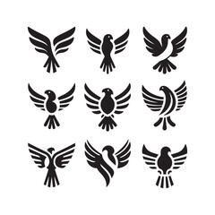 abstract bird logos, Minimalist bird icons, black silhouettes 