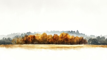 A serene watercolor landscape featuring autumn trees and gentle hills under a soft sky.