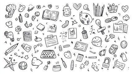 Back to school doodles. School supplies and educational elements. Hand-drawn vector illustrations isolated on a white background.