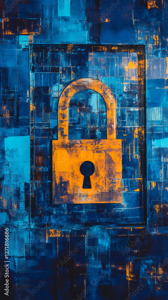 Aufkleber closed orange padlock representing cybersecurity, resting on textured blue surface with negative spa