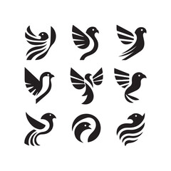 abstract bird logos, Minimalist bird icons, black silhouettes 
