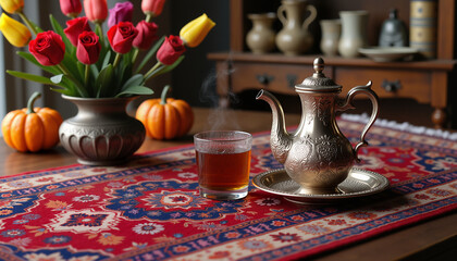 Fototapeta premium Classic Persian rug with antique brass teapot and delicate glass cup in traditional setting for Nowruz