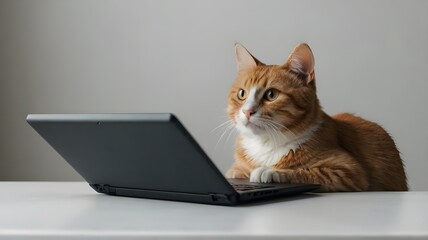 cat using a laptop with a focused expression