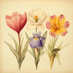 Obraz premium An old vintage print of three flowers, tulip, crocus, and iris. AI generative.