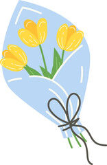 Bouquet of three yellow spring tulips in a blue wrapping for Women's Day