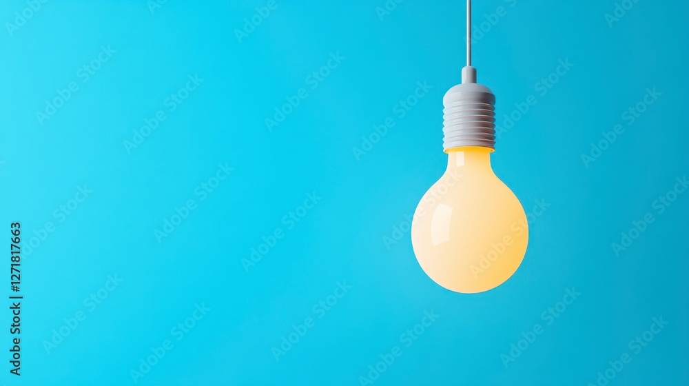 Poster illuminated light bulb against a soft blue background with minimalist style