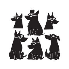 Cool dogs, stylized illustration, black and white, hipster dog, royal dog silhouette 