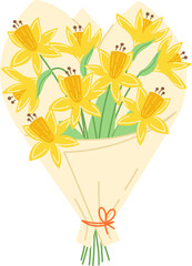 Spring flower bouquet with yellow daffodils in a beige paper wrap for Women's Day