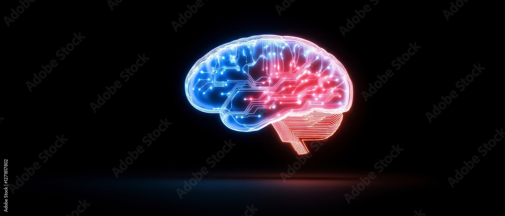 Poster intelligent brain with neural network connections in red and blue illumination