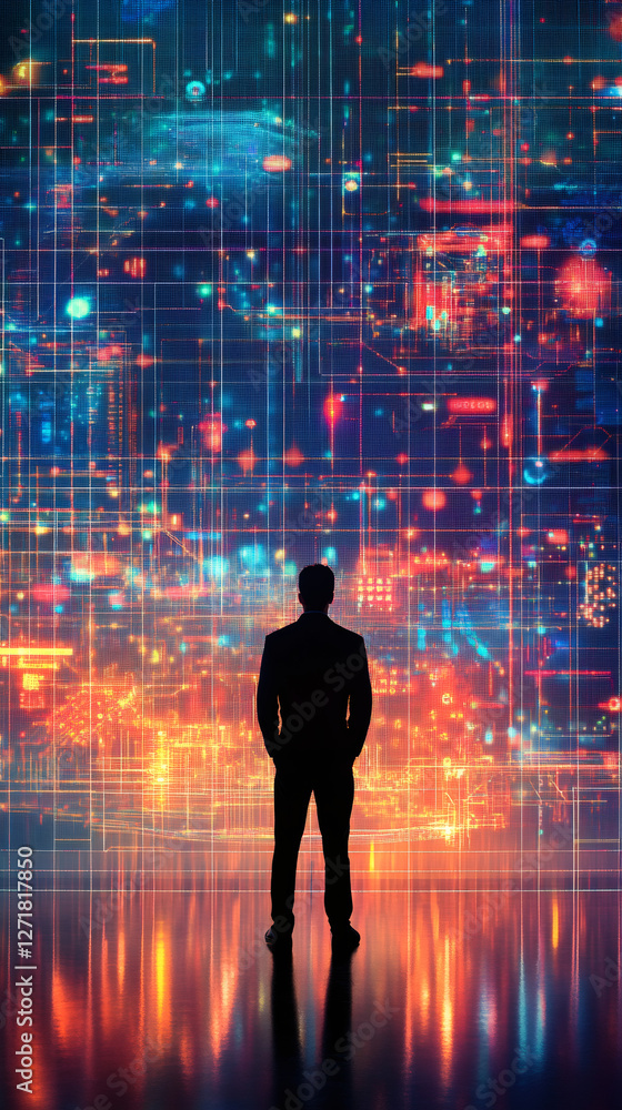 Aufkleber Businessman standing and looking at a complex futuristic glowing network interface displayed on a large screen