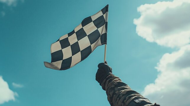 Hand holding a black-and-white checkered race flag against blue sky, symbolizing motorsports and victory.