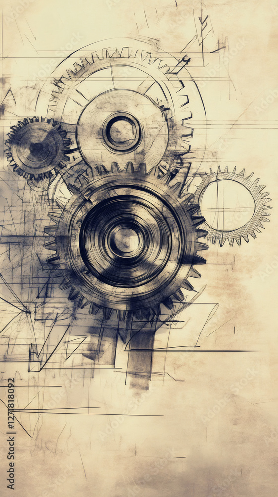Poster Metallic gears meshing on blueprint, representing industrial precision and mechanical engineering complexity