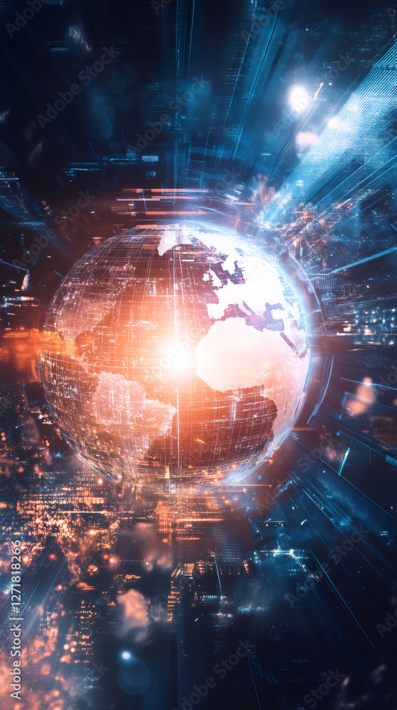 Aufkleber Digital grid enveloping rotating Earth, visualizing worldwide network connections and technological advancement in cosmic visualization