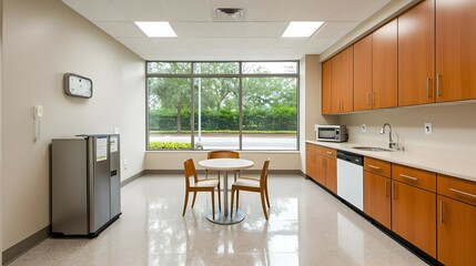 Modern Office Kitchenette with Bright Lighting and Natural Light