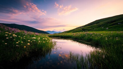 Serene Mountain Meadow at Sunset with a Stream Reflecting the Sky. A breathtaking landscape of wildflowers, a tranquil stream, and majestic mountains, painted in the hues of a beautiful sunset.