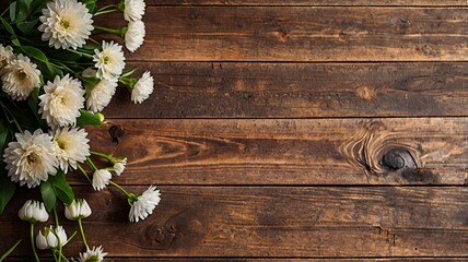 Fototapeta premium Antique Wooden Country Table with Flowers, Rustic Flat Lay Background