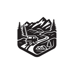 Minimalist black and white illustration, retro camper van, mountain landscape , silhouettes