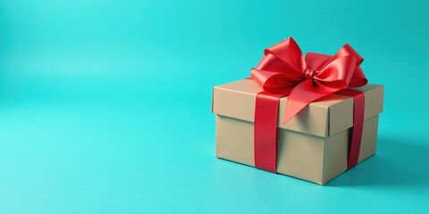 A thoughtfully wrapped present with a vibrant red ribbon, signifying celebration and joy, sits on a bright teal background.