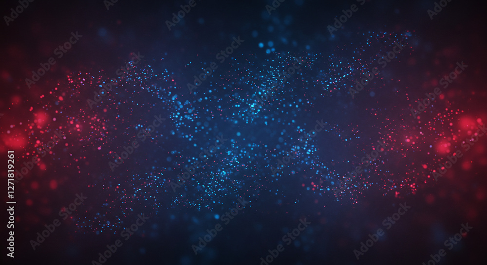 Wall mural dark abstract background with blue and red glowing particles and foggy atmosphere. generative ai.