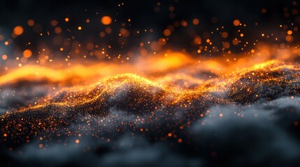Fiery, smoky landscape with particles, night background, abstract art