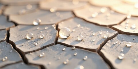Arid land revitalization Water droplets on cracked earth surface, signifying hope and the potential for renewal and restoration of life.