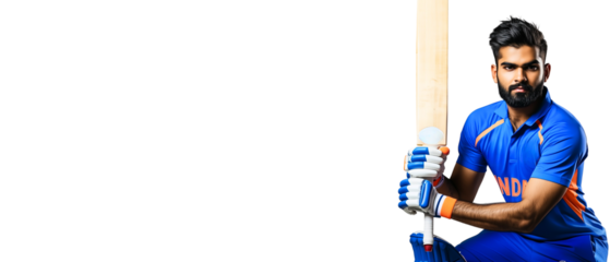 indian cricket player posing while holding a bat and waiting for ball isolated over transparent (white) background; concept  of sport background, cricker match 2025