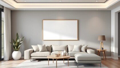 Modern Living Room Mockup with Empty Blank Frame, dark gray wall, and black leather sofa to showcase artwork or design.
