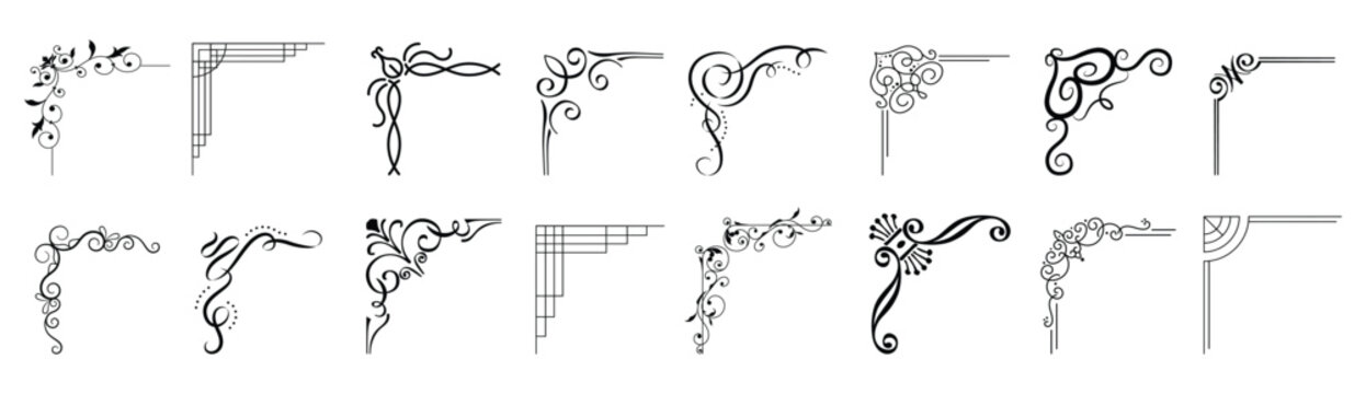 frame corner ornament vector set. Traditional decorative elements with line, corner, borders, frames, headers. Illustration of elegant design suitable for card, invitation, poster, cover.