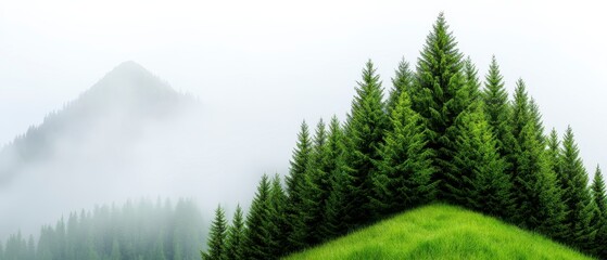 Fototapeta premium Misty Mountain Scenery With Evergreen Trees And Green Hillside Landscape