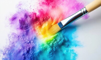 Fototapeta premium Rainbow paint explosion, brushstroke art, creative process, vibrant colors, studio background, design element