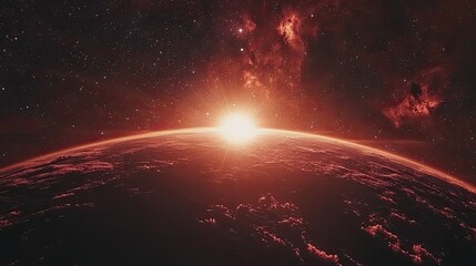 Obraz premium Red planet rises above nebula field and star clusters
