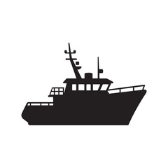 Obraz premium Fishing trawler, black and white illustration, detailed silhouette, commercial fishing boat