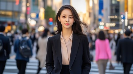 Confident Professional Strolling Through Bustling City Street at Golden Hour