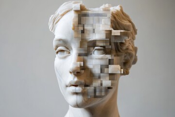 Digital transformation: classical bust merging with pixel art for innovation themes