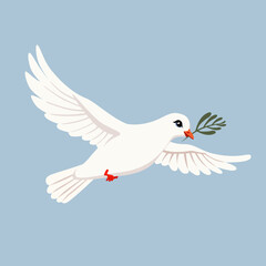 Illustration showing a flying white dove holding a green olive branch