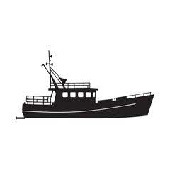 Obraz premium Fishing trawler, black and white illustration, detailed silhouette, commercial fishing boat