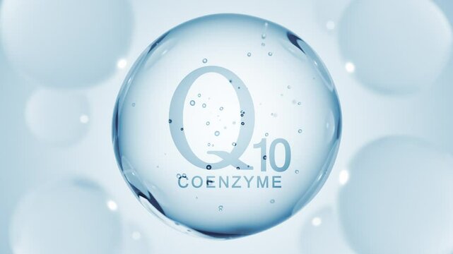 Coenzyme q10. Enzyme drop pill capsule. Natural skin care cosmetic stimulate collagen. Essential oils bubbles of q10 for skin care cosmetics products