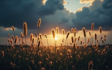 Grasses Silhouetted Against Sunset Sky
