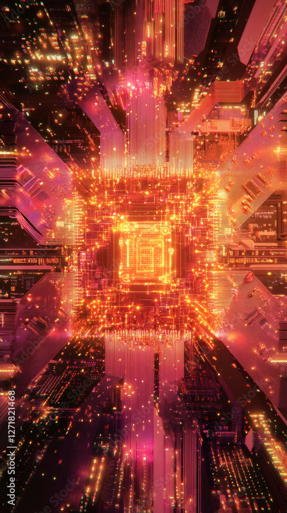 Aufkleber complex electronic circuit resembling a futuristic cityscape with glowing skyscrapers and intricate 