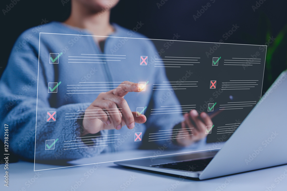 Poster Online survey and digital checklist concept. Woman interact with checklist interface on laptop, with checkmarks and cross symbols. online forms, surveys, exams, and decision-making. questions test,