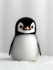 Fototapeta premium A cute, fluffy penguin chick standing on soft white fur with a curious expression.